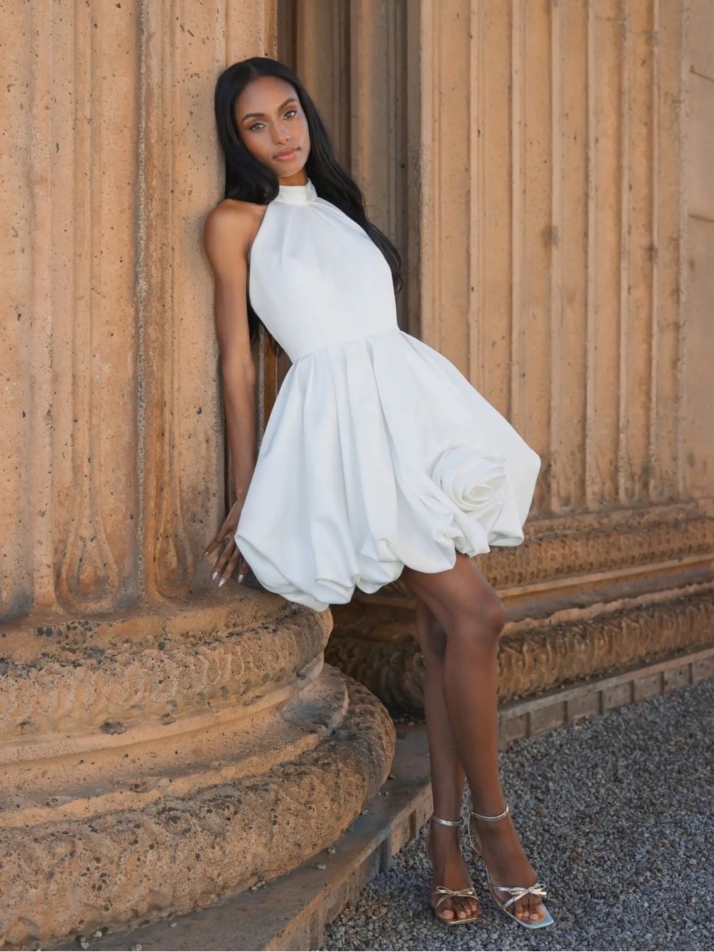 Mac Duggal by Ieena 20707 White Satin Bubble Hem Backless Mini Dress
